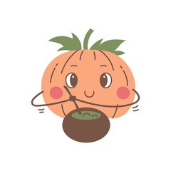 Pumpkin Character brews witchcraft potion. Funny cartoon Pumpkin. Vector illustration on white background for Holiday and celebration design, poster, greeting card, banner