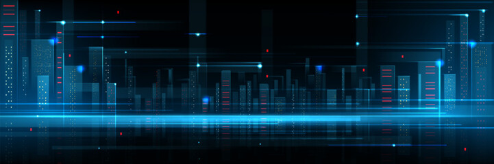 Abstract futuristic background with tech city. Skyscraper constructions with blue and red neon glow on black bg. Realistic vector illustration of technology town landscape with innovation network.