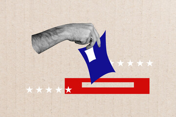 Creative picture collage human hand voter put bulletin inside make choice referendum select...