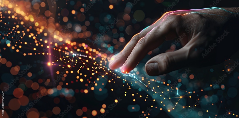 Aufkleber glowing hand touching a glowing network of interconnected nodes