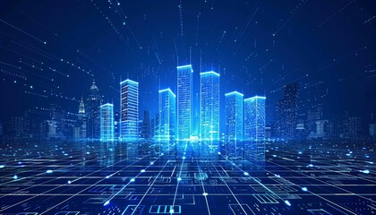 Blue technology background with city skyline horizon, digital grid lines and blue glow, depicting a digital world within an electronic aesthetic.