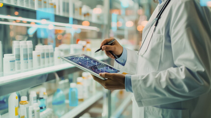 Close-up photo of a pharmacist using a labtop to check the stock of medicines and medical supplies through the cloud and cyber security network database system.