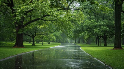 A colorful photo features a rain-soaked park with vibrant green trees and grass.