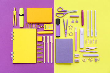 Composition with different stationery on color background