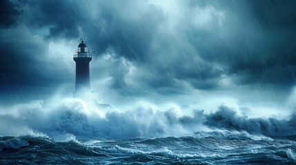 A dramatic photo presents a lighthouse standing strong against a backdrop of stormy seas and pouring rain.
