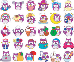 Sticker of violet owl daily activities.
Emoticon of cute owl in daily life.
