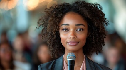  Black afro American businesswoman delivering a powerful keynote address at a conference standing on stage with confidence addressing a diverse audience with her insights in the business world 