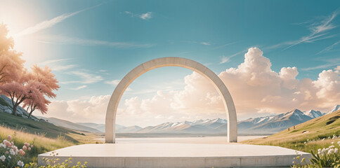 wide white podium (with arch) image of a bright spring day with green field, flowers, mountains and clouds for product mockup(2).