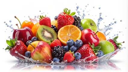 Vibrant arrangement of juicy grapes, strawberries, oranges, and kiwi slices splashing with colorful fruit juice droplets on a clear background.