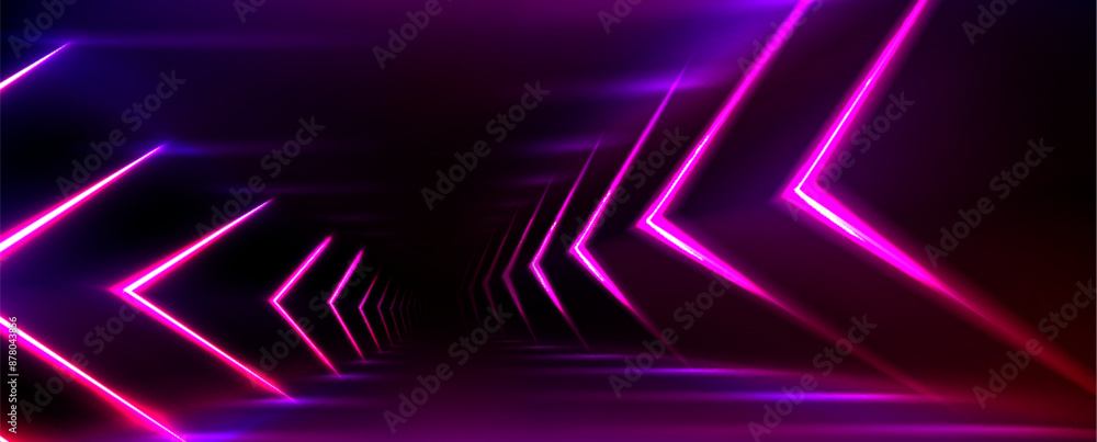 Poster neon light tunnel perspective. vector realistic illustration of dark hall with triangular shape geom