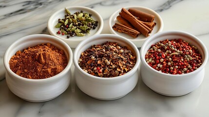 Assorted spices in white bowls on marble background, including cinnamon, peppercorns, and mixed herbs, showcasing colorful ingredients.
