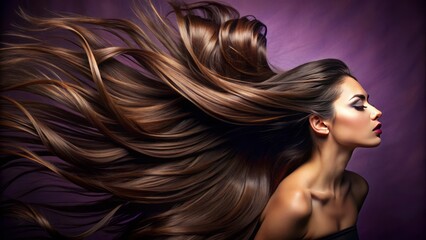 Naklejka premium Vibrant purple background with whimsical wind-swept hair strands, evoking freedom and elegance in a serene, humanless landscape.