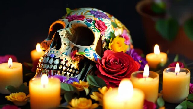 Day of the Dead sugar skull with candles and rose