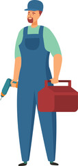 Handyman in uniform holding a electric drill and a toolbox, ready to start working
