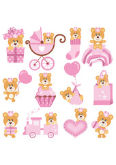 Set of pink digital elements of cute baby girl teddy bear