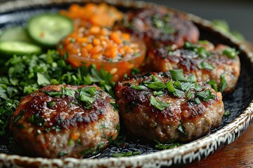 A plate of kotleti, Russian meat patties, served with mashed potatoes and a side of pickled vegetables. 