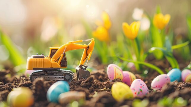 Toy excavator model with spring themed Easter decoration for construction companies postcard Selective focus
