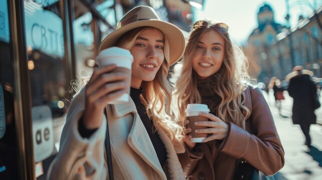 Two women with vision care sunglasses are stylishly standing together wearing leather jackets, holding cups of coffee and exuding a cool vibe