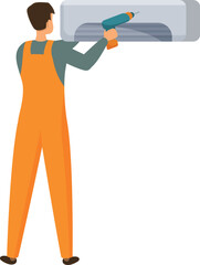 Technician is installing an air conditioner, using an electric drill