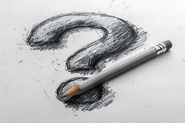  Pencil drawing of a question mark  on white background 