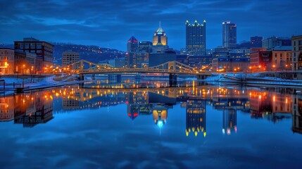 Fototapeta premium Stunning nighttime view of a city skyline reflecting in a calm river, highlighting illuminated bridges and skyscrapers under a deep blue sky.
