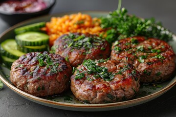 Fototapeta premium A plate of kotleti, Russian meat patties, served with mashed potatoes and a side of pickled vegetables. 