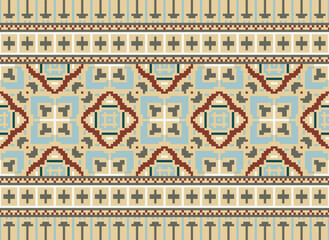 Pixel ethnic oriental pattern traditional design for clothing fabric textile Aztec African Indonesian Indian seamless pattern. Cross Stitch embroidery seamless.