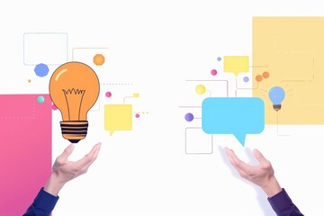 Fototapeta premium two hands holding light bulbs, with speech bubbles containing ideas and icons