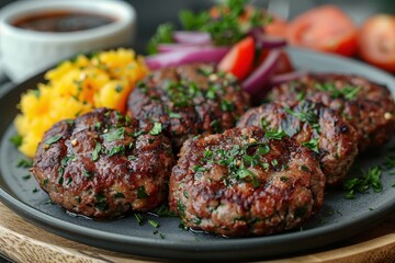 Fototapeta premium A plate of kotleti, Russian meat patties, served with mashed potatoes and a side of pickled vegetables. 