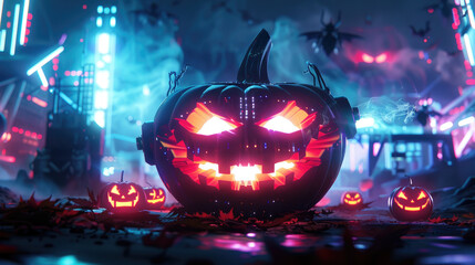Futuristic Halloween scene featuring giant pumpkin with cybernetic implants, glowing elements, detailed textures, and sci-fi vibe.