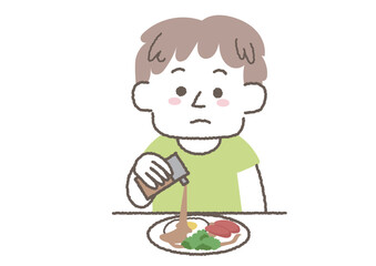 食べ物にたくさん醤油をかけて食べる男性のイラスト