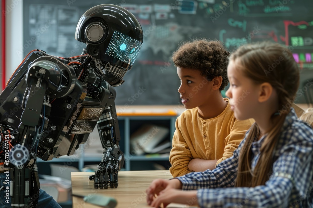 Poster a futuristic classroom with a robot assistant and diverse group of students learning from a human in