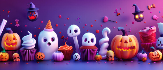 Fototapeta premium Spooky cupcakes and treats in Halloween-themed bakery, featuring flat design style