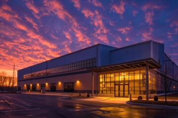 Obraz premium Building At Night. Gym Warehouse Exterior Illuminated by Night Sky