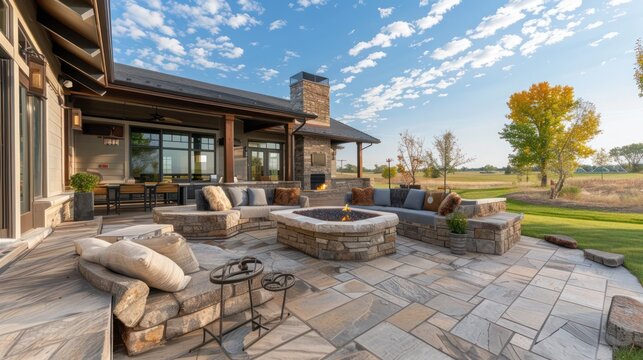 ranch house with a large, flagstone patio featuring a built-in fire pit and comfortable outdoor seating