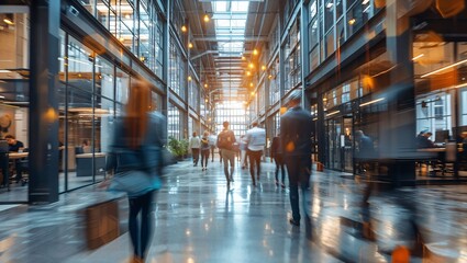 Fototapeta premium A bustling modern office hallway filled with people in motion, tall glass walls, office spaces on either side, and warm lighting creating a dynamic corporate environment.