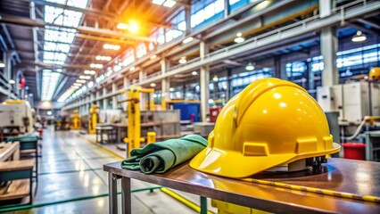 Industrial factory interior with yellow hard hat and life jacket on a workbench amidst machinery and equipment in the background.