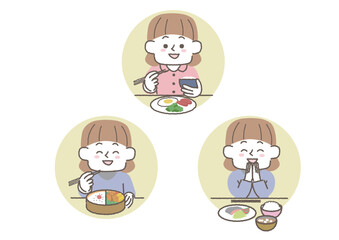 きちんと３食食べる女性のイラスト