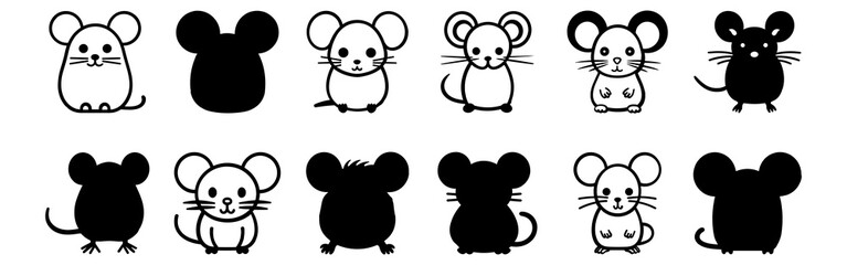 Mouse silhouettes set, pack of vector silhouette design, isolated background