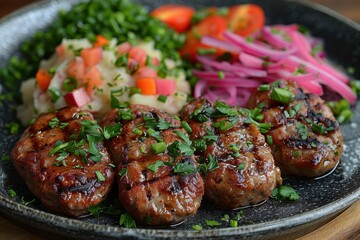 A plate of kotleti, Russian meat patties, served with mashed potatoes and a side of pickled vegetables. 