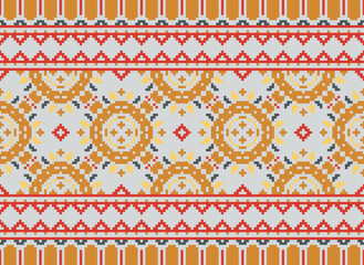 Pixel ethnic oriental pattern traditional design for clothing fabric textile Aztec African Indonesian Indian seamless pattern. Cross Stitch embroidery seamless.