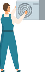 Technician repairing air conditioner using screwdriver, hvac maintenance concept