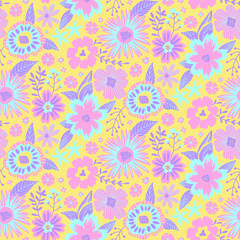 Floral Seamless Half Drop Pattern with Fantasy Leaves and Flowers in Pastel Colors. Repeat Wallpaper Print Texture. Perfectly for Wrapping Paper, Textile, Fabric, Decor Ornament.