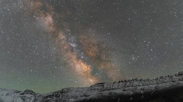 4K Timelapse of milky way above snow covered mountains  in Keylong at Lahaul, India. A magnificent night sky and milkyway galaxy over Himalayas. Starry night time lapse.