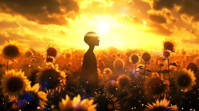 A silhouette boy against a field of sunflowers, basking in the golden glow of a summer day. Anime or digital painting style, looping 4k video animation background