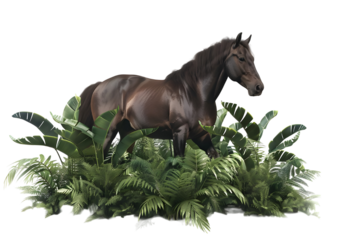 A Beautiful Brown Horse Standing in the deep forest isolated on white background.
