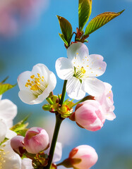 Fototapeta premium Cherry blossoms in all their glory on a sunny spring day. Close-up showing white petals, yellow-green stamens and pink buds on a twig on sunny and blue sky day. Flowers isolated on bright blue sky