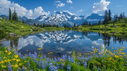  mountain landscape with snow-capped peaks, green valleys