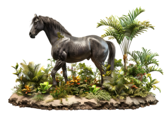 A Beautiful black Horse Standing in the deep forest isolated on white background