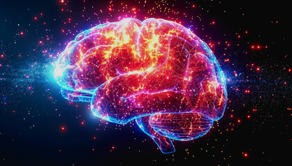 Fototapeta premium Neon lit AI with digital particles and futuristic aesthetic